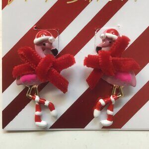 Betsey Johnson New Pink Flamingo with Red Velvet Bow Earrings